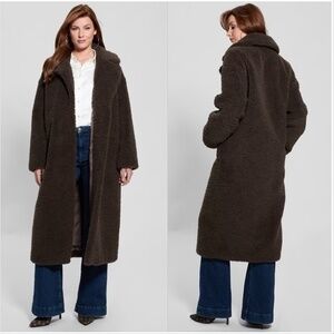 Guess Womens Eco Alina Teddy Longline Coat Brown XS Winter Coat